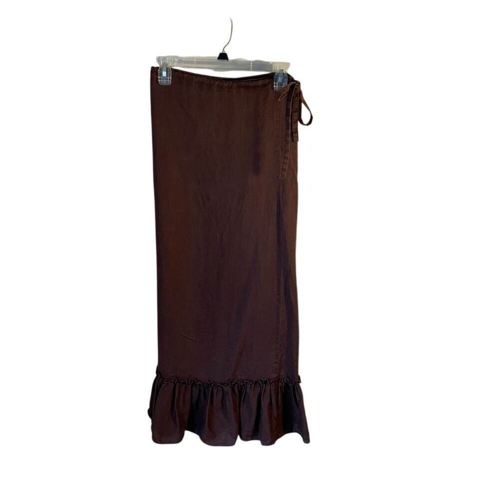 Chocolate Brown Linen Maxi Ruffle Hem Wrap Skirt. One Size. Minimalist Jamgirl
